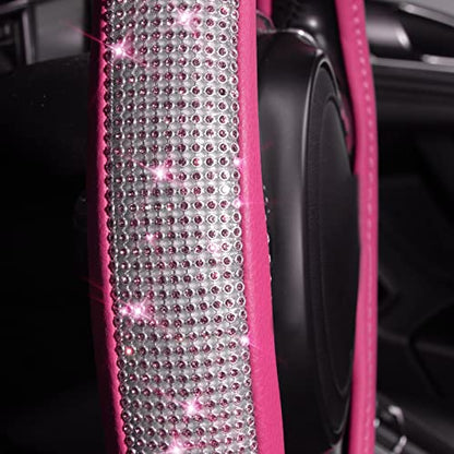 CAR PASS Diamond Pink Leather Steering Wheel Cover, with Bling Crystal Rhinestones Universal Fit 14" 1/2-15" Crystal Glitter for Women Sparkle Girl Fit Suvs,Vans,Sedans,Cars,Trucks, Pink Diamond - color: Pink Leather Diamond