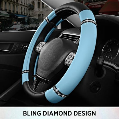 Road Comfort Leather Steering Wheel Cover – Premium Anti-Slip Car Steering Wheel Grip Cover – Universal Fit for 14.5”–15” Cars, Trucks & SUVs - Blue - color: Blue