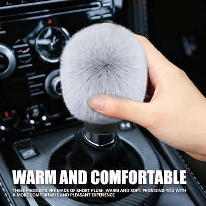 2PCS Plush Car Gear Shift Knob Cover & Handbrake Cover, Shift Knob Protector, Soft Fluffy Gear Handbrake Protective Sleeves, Shifter Lever Brake Handle Warm Plush Set for Cars (Gray) - color: Gray