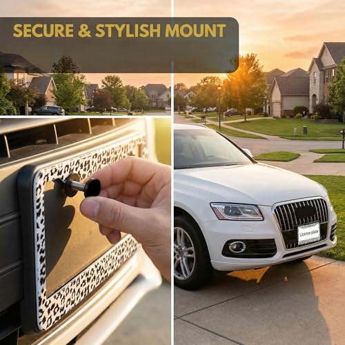 Snow Leopard License Plate Frame Snow Cheetah Animal Print License Plate Frames Car Aluminum Leopard Print Steering Wheel Cover with Us Ca Vehicles - color: Gray Leopard Print