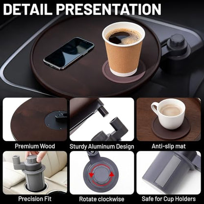 Car Desk for Laptop 360° Rotating Wood Car Tray,Car Laptop Desk and Car Food Tray Compatible with Tesla Model Y/3/S, Fits for Ford Explorer /F150/Maverick and Most Vehicles with Round Cup Holders
