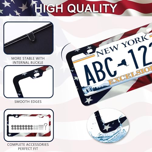 Patriotic American Flag License Plate Frame Holder - 2 Pack Universal Quality Metal Aluminum Matte Stripe US Flag Gloss Car Plate Frame Covers with 2 Holes and Free Screws Fasteners Caps - color: Matte American flag Narrow side B