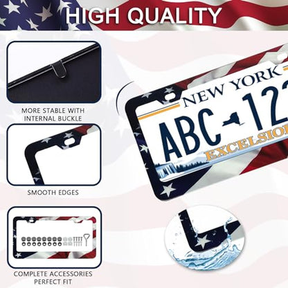 Patriotic American Flag License Plate Frame Holder - 2 Pack Universal Quality Metal Aluminum Matte Stripe US Flag Gloss Car Plate Frame Covers with 2 Holes and Free Screws Fasteners Caps - color: Matte American flag Narrow side B