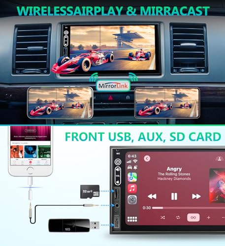 Double Din Car Stereo Compatible with Wireless Apple Carplay, Android Auto - 7" Touch Screen Car Audio Receiver with Bluetooth, AUX, FM Car Radio