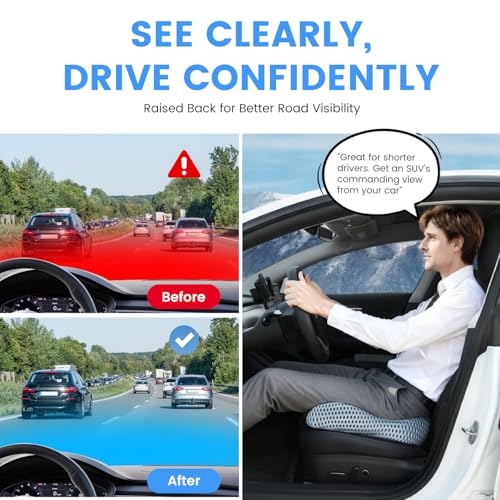 Car Seat Cushion, Broader Visibility with Wedge Design & Coccyx Sciatica Pain Relief with Ergonomic Design, Non-Slip Base,Breathable Mesh Cover, Memory Foam for Long Drive in Car Truck Van Motorhome