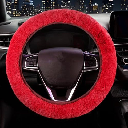 Furry Car Steering Wheel Cover, Fluffy Soft Warm Plush Non-Slip, 14 1/2-15 inch, for Women Girls, Red - color: single cover - red