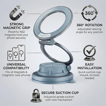 Magnetic Car Phone Mount, 0.83" Ultra-Slim Foldable Holder, [Vacuum Suction & Adhesive Pad] for Textured Dashboard/Windshield, 3-Joint Metal MagSafe Mount for iPhone 17 Pro Max/Pixel (Blue) - color: Blue