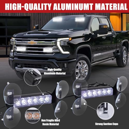 2X 6.1 inch White Emergency Strobe Lights 12 LED Hazard Warning Flashing Safety Dash Side/Front/Rear Windshield Lights Grill Surface Mount for Construction Vehicles Tow/Plow Trucks - color: White