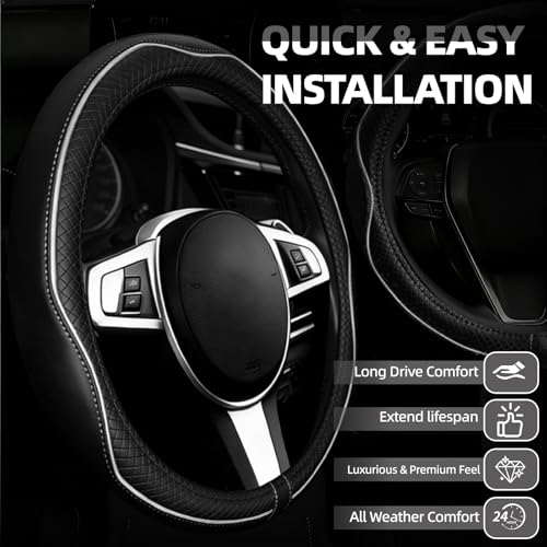NBTEPEM Customized Auto Car Steering Wheel Cover for Toyota, Microfiber Leather Steering Wheel Covers with Anti-Slip Lining, Breathable, Safety, Soft, Sports Style (Black with White Line) - color: Black with White Line