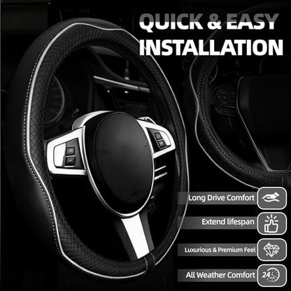 NBTEPEM Customized Auto Car Steering Wheel Cover for Toyota, Microfiber Leather Steering Wheel Covers with Anti-Slip Lining, Breathable, Safety, Soft, Sports Style (Black with White Line) - color: Black with White Line
