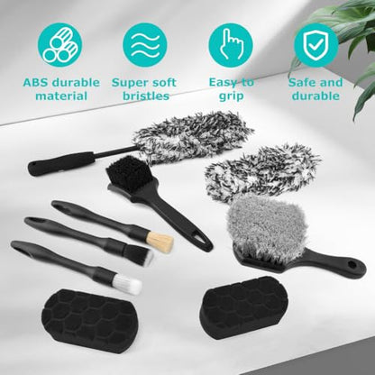 9PCS Car Wheel Cleaning Pro Kit, Tire Brush, Soft-bristled Rims Brush, Microfiber Flat Wheel Brushes, Double-Ended Detailing Brushes, Detailing Pads, Scratch-Free & Multipurpose(COLOR:Black Grey)