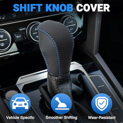 Leather Gear Shift Knob Cover Compatible with Volkswagen Atlas丨 Beetle丨 Golf丨 Passat丨 Jetta 丨 Tiguan 2011-2021 Black Leather with Blue Stitches Shifter Knob Cover - Black&Blue - color: Blue&Black