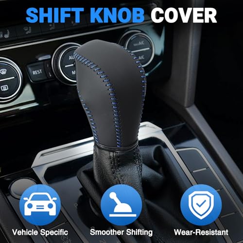 Leather Gear Shift Knob Cover Compatible with Volkswagen Atlas丨 Beetle丨 Golf丨 Passat丨 Jetta 丨 Tiguan 2011-2021 Black Leather with Blue Stitches Shifter Knob Cover - Black&Blue - color: Blue&Black