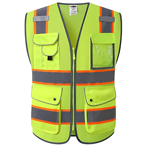 JKSafety 9 Pockets Hi-Vis Neon Yellow Zipper Front MESH Safety Vest with Fluorescent Orange Extend Edge outlining the Reflective Tapes Meet ANSI/ISEA Class 2 Standard (100 Yellow, M) - color: 100-yellowt2, size: Medium