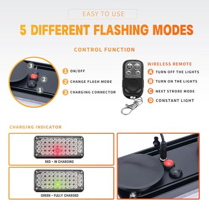 BooYu Amber/White Magnetic Flashing Strobe Light/w Controller, Battery Operated Rechargeable LED Safety Beacon Lights, Portable Emergency Warning Light Bar for Vehicles, Trucks, Car 2-Pcs - color: 2pcs Amber/White