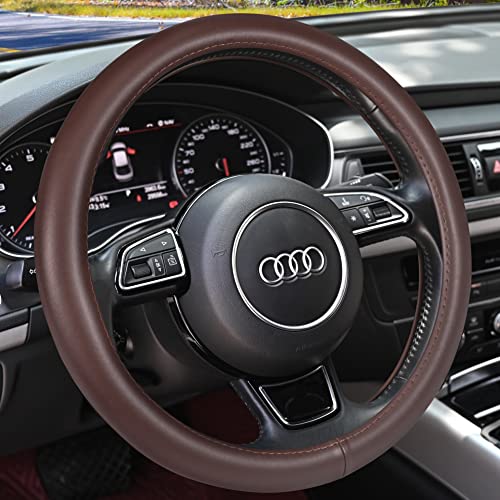 Haokay Heavy Duty Pure Cowhide Steering Wheel Cover, Genuine Leather Steering Cover Brown Leather Steering Wheel Cover with 15 Inches Universal Fit (Brown-1) - color: Brown-1