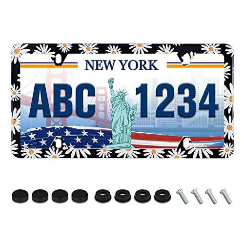 Daisy License Plate Frame White Yellow Beautiful Flowers License Plate Holder Stainless Steel Auto Parts Decoration with Screws for Men Women License Plate 4 Holes 1pcs - color: White And Yellow Daisies, size: 1 Pack