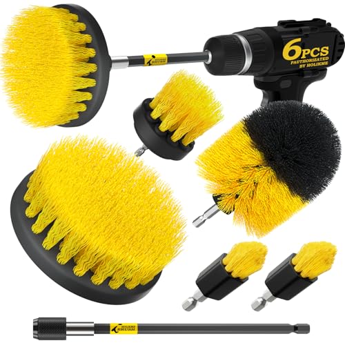 Holikme 6Pack Drill Brush Power Scrubber Cleaning Brush Extended Long Attachment Set All Purpose Drill Scrub Brushes Kit for Grout, Floor, Tub, Bathroom and Kitchen Surface,Scratch Brushes（Yellow） - color: Yellow