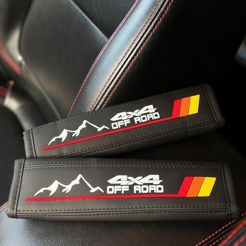2PCS Tri-Color Mountain 4x4 Offroad Leather Car Seat Belt Shoulder Pads Seatbelt Cover Compatible with Toyota Tacoma 4Runner Tundra Rav4 Highlander TRD Accessories for Men Women (Red) - color: Red