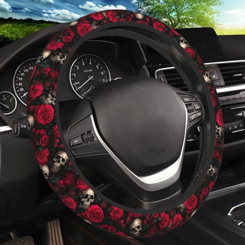 Red Rose Skull Steering Wheel Cover, Non-Slip Breathable Neoprene Steering Wheel Covers, Car Accessories Universal 15 Inch Fit Auto, Suvs, Truck - color: Rose Skull