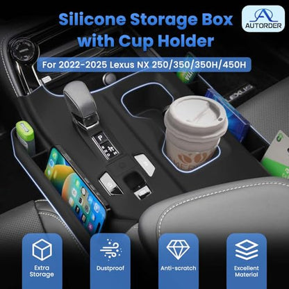 Autorder Silicone Center Console Organizer&Cup Holder for 2022-2025 2026 NX 250/350/350H/450H Accessories Seat Gap Storage Box with Cup Holder Insert Tray Anti-Scratch Gear Shift Panel Trim Cover - size: 2022-2026 NX 250/350/350h/450h
