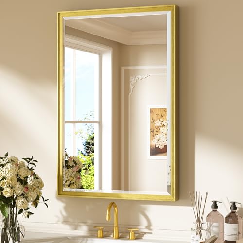 Keonjinn 24" x 36" Brushed Gold Bathroom Mirrors for Over Sink, Aluminum Alloy Wide Frame, HD Tempered Glass with Beveled Edge, Rustproof, Gold Bathroom Vanity Mirror for Wall(Vertical/Horizontal) - color: Gold, size: 36"L x 24"W