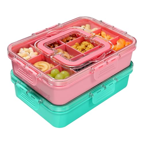 Xyptorix 2 Pcs Snack Box Container for Kids - Adjustable 12-Compartment Snack Containers, Reusable Bento Box, Dishwasher Safe, BPA-Free, Perfect for School, Travel, Camping & Picnic, Pink & Green - color: Pink+Green, size: Medium