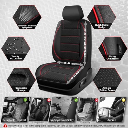 CAR PASS Mesh Leather Car Seat Covers Full Set,Breathable Mesh Faux Leather Seat Covers for Car, Universal Fit for SUV Truck Sedan Automotive, Airbag Compatible, Black and Red - color: Red Black Mesh Leather