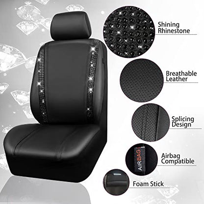 CAR PASS Leather Bling Diamond Car Seat Covers Full Set, Shining Rhinestone Waterproof Durable Rear with Zipper, Universal Fit Automotive Glitter Crystal Sparkle Strip for Cute Women Girly Black - color: Black Diamond, size: Full Set