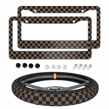 Checkered Brown License Plate Frame 2pc Checkered Brown Black License Plate Frame Checkereds Steering Wheel Cover Steering Wheel Cover Cars Aluminum with Fits Standard Us Ca Vehicles - color: Checkered Brown