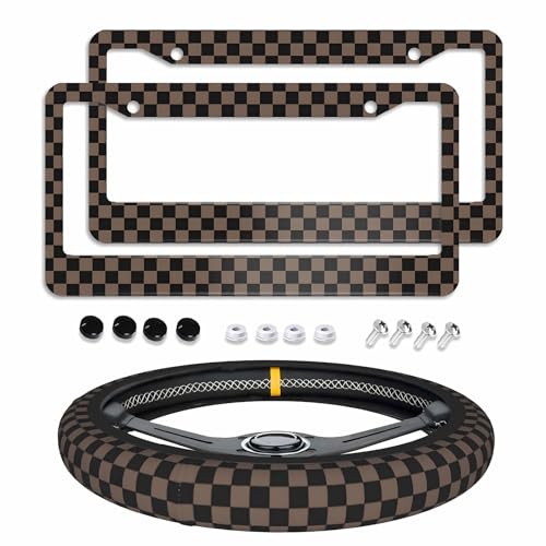 Checkered Brown License Plate Frame 2pc Checkered Brown Black License Plate Frame Checkereds Steering Wheel Cover Steering Wheel Cover Cars Aluminum with Fits Standard Us Ca Vehicles - color: Checkered Brown