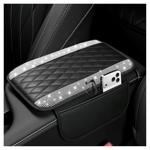 Stacool Upgraded Car Center Console Cover with Rhinestones,Microfiber Leather Car Armrest Cover Cushion with 2 Storage Bags,Universal Cars Armrest Storage Box as Cars Interior Accessories - color: Upgraded Diamond - Bling Silver