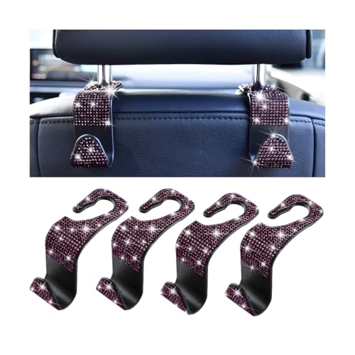 Mandark 4PCS Bling Car Seat Headrest Hooks, Crystal Rhinestone Vehicle Seat Back Hanger for Grocery Purses Handbags, Diamond Auto Seatback Storage Organizer Hanger, Universal for Most Cars (Purple) - color: Purple