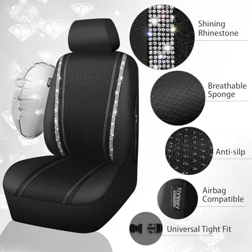 CAR PASS Memory Foam Mesh Bling Diamond Car Seat Cover 2 Front Seat Breathable Soft Sponge Universal Shining Glitter Sparkly Crystal Fit Armrest Automotive Truck SUV Cute Women Girl, Silver Rhinestone - color: Silver Mesh, size: Two Front Seats