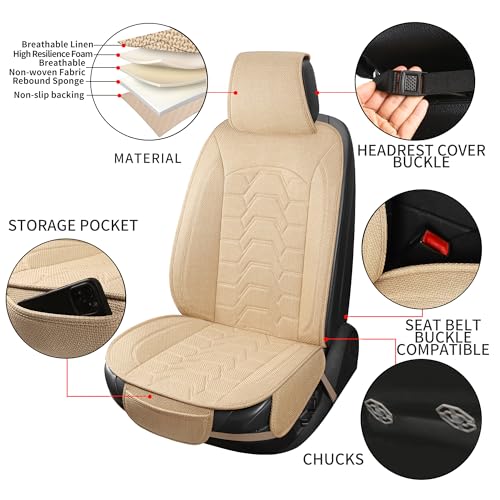Linen Car Seat Covers Breathable Cloth Fabric Front Seat Protectors Automotive seat Covers Universal Fit for Most Cars Vans SUVs and Trucks（Beige，2PCS） - color: BEIGE