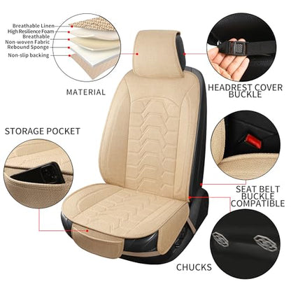 Linen Car Seat Covers Breathable Cloth Fabric Front Seat Protectors Automotive seat Covers Universal Fit for Most Cars Vans SUVs and Trucks（Beige，2PCS） - color: BEIGE