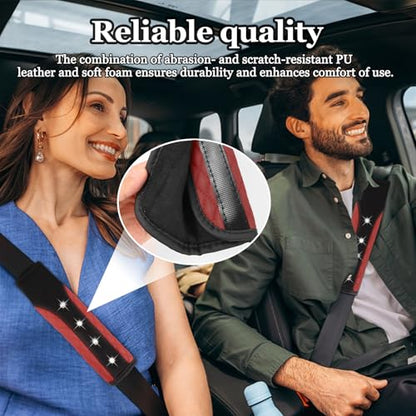 Hovom 2PCS Bling Car Seat Belt Cover Pad, Leather Seatbelt Covers for Cars, Soft Safety Seatbelt Shoulder Strap Covers, Rhinestone Auto Seat Belt Protector Cushion for Women Girls (Wine Red) - color: Wine Red