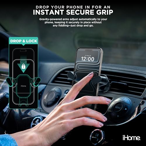 iHome Universal Gravity Air Vent Phone Mount, 360° Rotation, Adjustable Support, Stable Clip