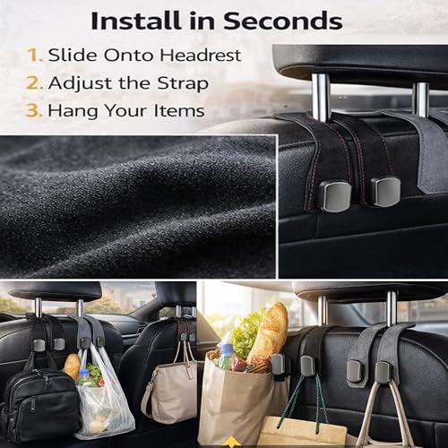 Car Headrest Hook 2 Pack, Premium Leather Car Purse Hooks, Heavy Duty Seat Back Organizer for Handbags, Groceries & Bags, No Scratch, Easy Install Car Accessories(2, Black) - color: Black