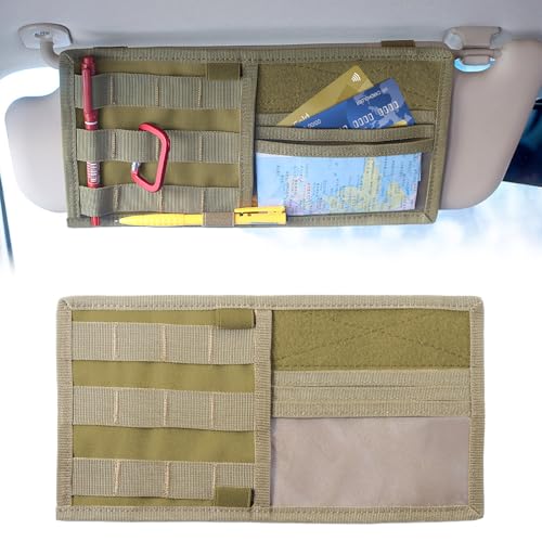 Hovom Car Sun Visor Organizer with Molle Panel, Tactical Visor Organizer Storage Pouch, Multifunctional Auto Sunshade Storage Bag Pocket for Documents Cards, Interior Car Accessories (Khaki) - color: Khaki