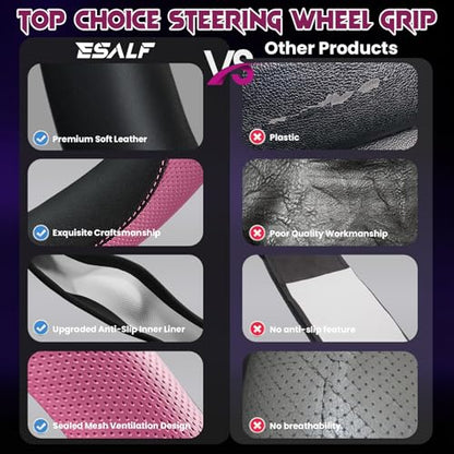 Soft Leather Steering Wheel Cover with Breathable Design and Anti-Slip Grip, Fully Compatible with Tesla, Toyota, Honda, Nissan 14.5-15.2 inch Round Steering Wheel（Sedans and SUVs） - color: DOUBLE-PINK