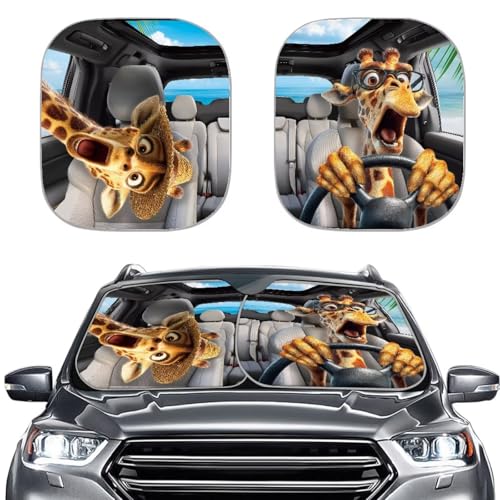 Funny Giraffe Car Windshield Sun Shade for Trucks SUVs, Sedans, 2 Packs Folding Auto Windshield Protector Sun Visor, Car Interior Accessories - color: Funny Giraffe Printed