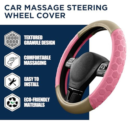 PIC AUTO Massage Steering Wheel Cover, Pink Football Pattern Material Spliced & Beige Leather Car Steering Wheel Cover, Car Steering Cover, Universal Fit 14.5"-15.5" for Cars, Trucks, Van, SUVs - color: Beige