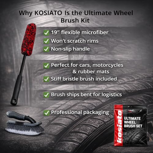 Car Wheel Brush & Wheel Barrel Brush Kit – 19" Soft Non-Scratch Microfiber Rim + Stiff-Bristle Scrubber for Tires, Rubber Mats & Motorcycles – Tire Brushes for Cleaning Tires