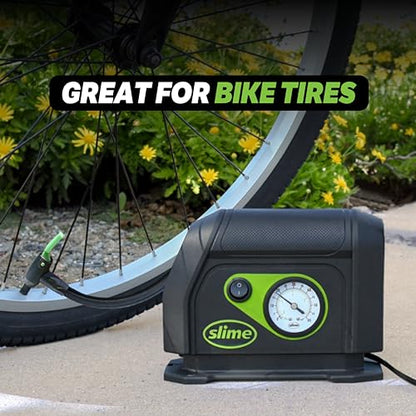 Slime 40050 Tire Inflator, Portable Car Air Compressor, with Analog 100 psi Dial Gauge, Long Hose and LED Light, 12V, 8 min Inflation - style: Analog