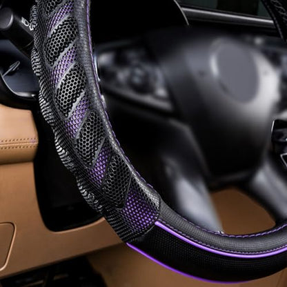 Flying Banner car Steering Wheel Cover Faux Leather Massage Universal fit 3D Honeycomb Hole Anti-Slip Sporty 15 Inches (Purple Black) - color: Purple black