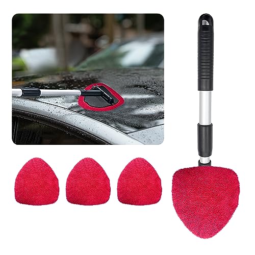 Ziciner Car Windshield Cleaner, Microfiber Auto Cleaning Wiper with Aluminum Extendable Handle and 2 Washable Reusable Cloth Pad Head, Universal Vehicle Interior Exterior Cleaner Kit (Red-Triangle) - size: Red-Triangle