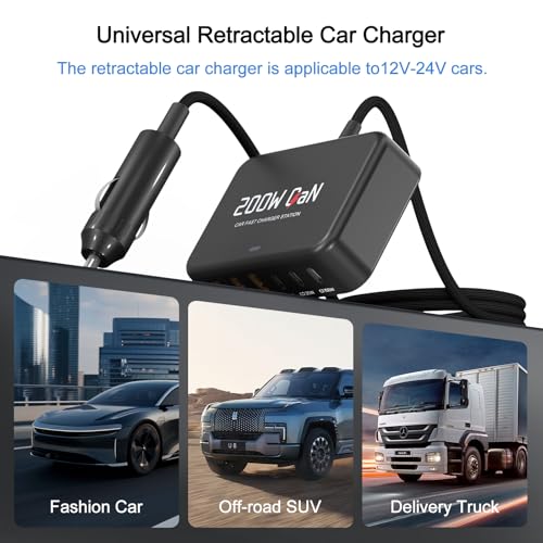 Dzytnsy 200W Car Fast Charging Station,6 Ports, Compatible with MacBook pro/Air/M5 M4 M3 M2 M1/Dell/Lenovo/HP,for iPhone 17/16/15 Series,Samsung Galaxy S26/S25 Ultra/S24 Series and More