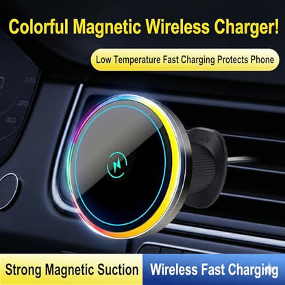 Wireless Car Charger with Semiconductor Cooling, Magnetic Phone Mount for iPhone 17/16/15/14/13 Series, 15W Fast Charging Car Holder with RGB Ambient Light, Auto-Aligning Vent Clip Mount