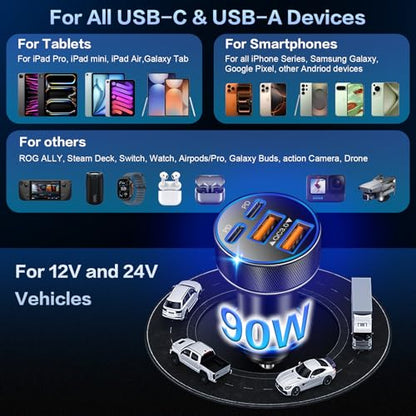 USB C Car Charger, Multi Port 90W Super Fast Charging Cigarette Lighter Adapter, 4-in-1 Dual USB-C & USB-A Car Phone Power Adapter for iPhone 17/16/15/Pro Max, iPad, Samsung Galaxy S25 (Black, 3-Pack) - size: 3-Pack
